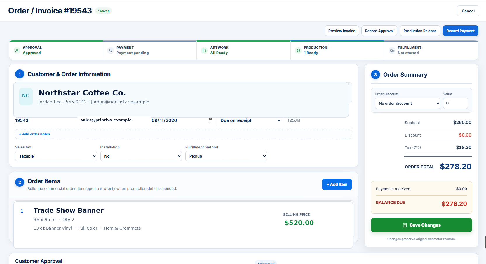 Printiva order and invoice workspace